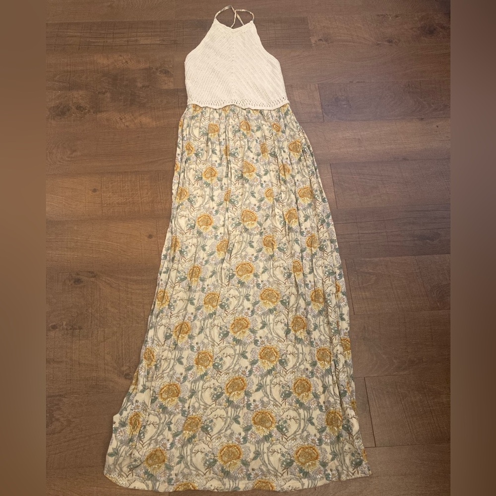 Sunflower Maxi Dress / Crochet Top Boho Cottagecore Earthy Festival Women’s S
